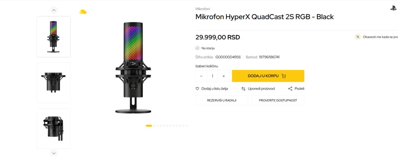 HyperX QuadCast 2S RGB mikrofon + SteelSeries Alias Boom Arm
