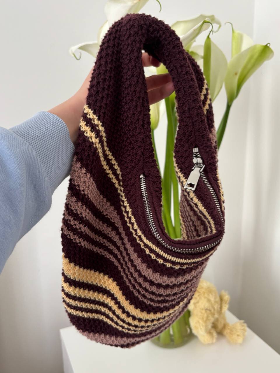 Striped crochet bucket bag