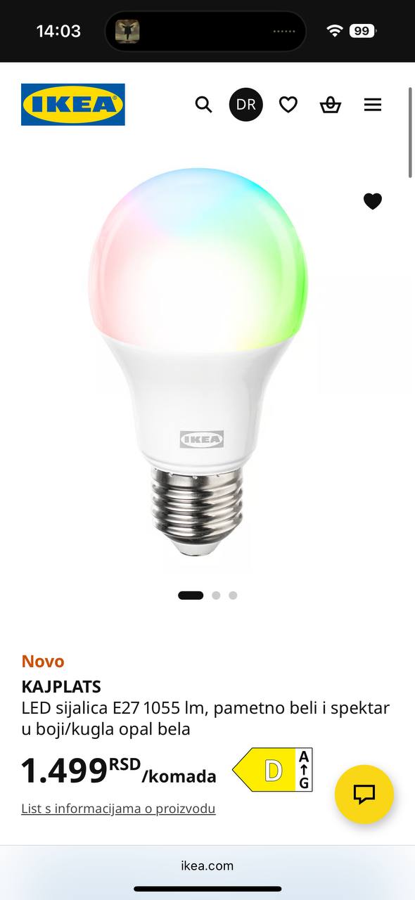 Pametna lampa ikea KAJPLATS e27