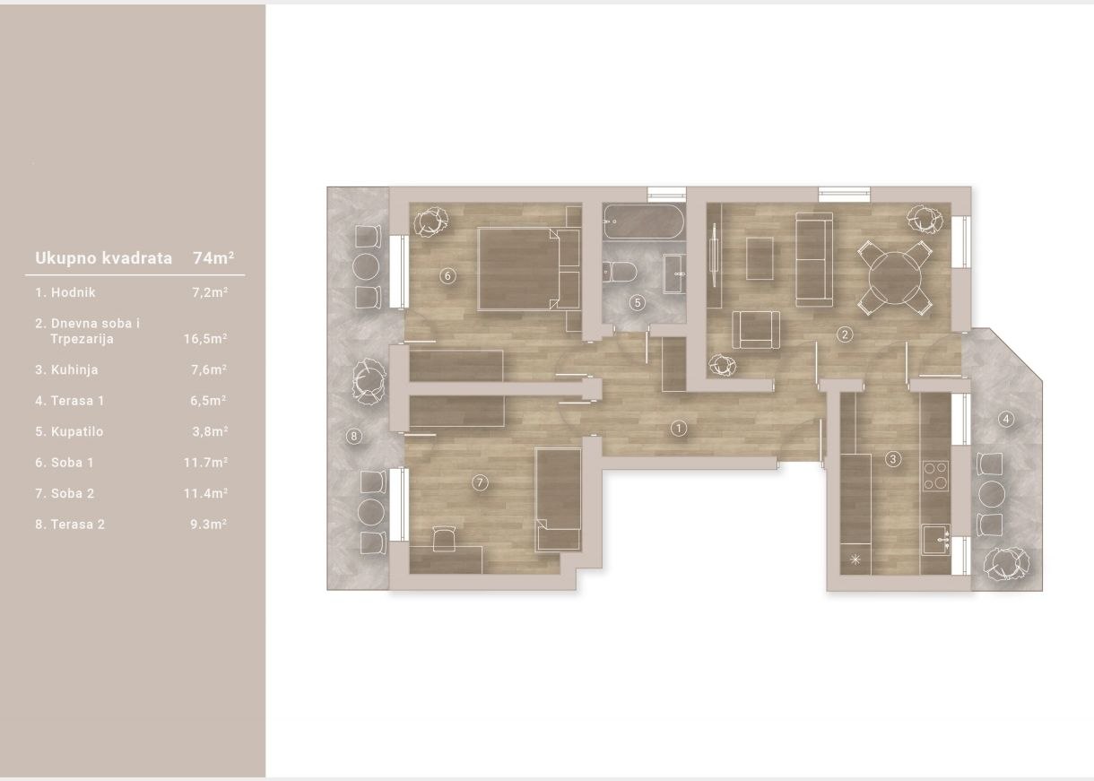 3 sobe, Stan, 74 m² photo 3